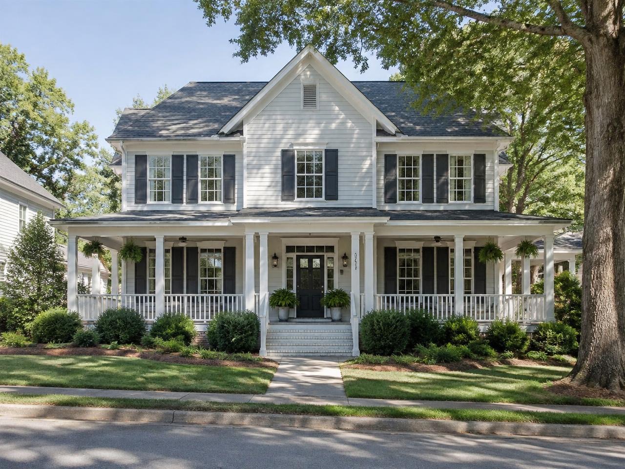 Two-story home with freshly painted siding, dark shutters and front door