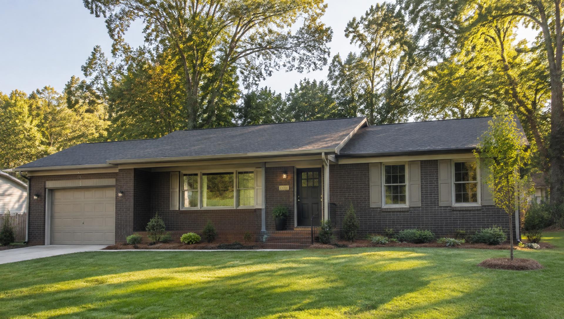 Morganton, NC home with freshly painted bronze brick exterior and khaki trim